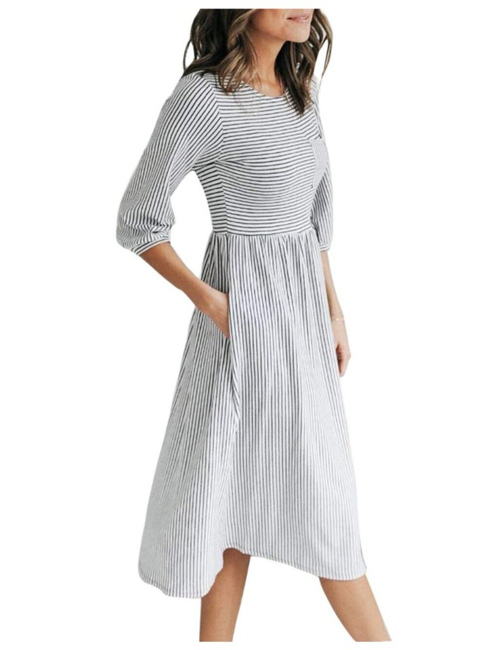 Merokeety Dress Size Small Black White Striped Midi 3/4 Sleeves Chest Pocket - Picture 2 of 12